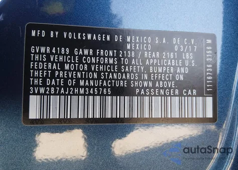 2017 Volkswagen Jetta 1.4T S z USA, uszkodzony, nr VIN 3VW2B7AJ2HM345765